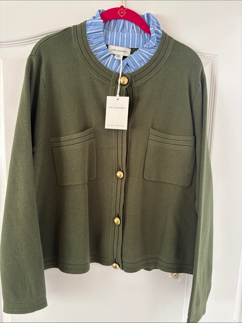 NWT Free Assembly Olive Green Button-Front Cardigan Ruffled Collar SZ XXL 20